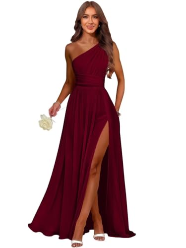 EBCion Chiffon Burgundy One Shoulder Bridesmaid Dress with Slit 8