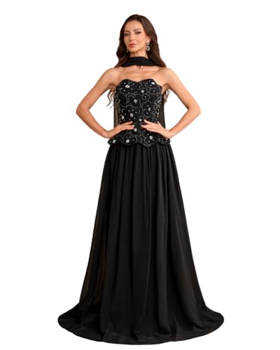 Women's Elegant Strapless Pleated Prom Maxi Dress Floral Beadwork Corset Formal Evening Gowns with Scarf Black