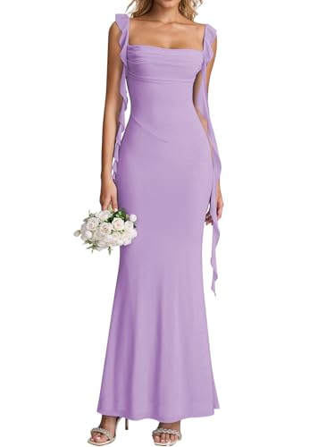 KUTUMAI Elegant RUffle Long Maxi Formal Wedding Guest Dress for Women 2026 | Mermaid, Adjustable Strap, Lined, Bodycon Dresses for Cocktail Prom Bridesmaid Shower Engagement Evening