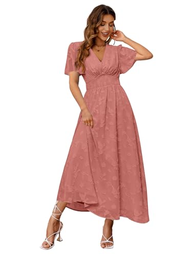 Simplee Women's Boho Floral V Neck Short Sleeve Formal Maxi Dress Summer Long Flowy Lace Bridesmaid Wedding Party Evening Dress (L Rust Red)