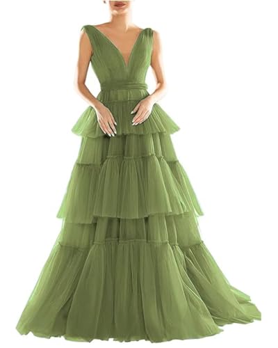TPonline Tulle Wedding Dresses for Bride Layered Ruffle Open Back Double V Neck Wedding Bridal Gown Clover Size 16