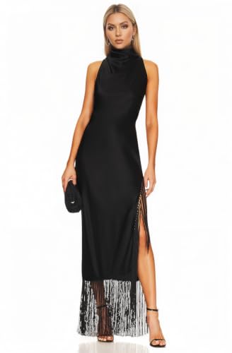Women Mock Neck Fringe Hem Bodycon Maxi Dress Great Gatsby Masquerade Dress(Black,L)