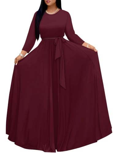 Women's Burgundy 3/4 Sleeve Maxi Dress with Pockets, Tie Waist A-Line