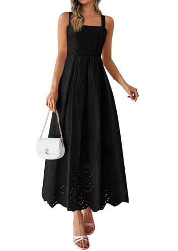PRETTYGARDEN Womens Sleeveless Eyelet Summer Dresses Pockets,Black,M