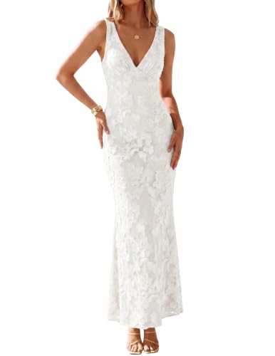 BORIFLORS Women's Bodycon V Neck Floral Cocktail Maxi Dress,M,White
