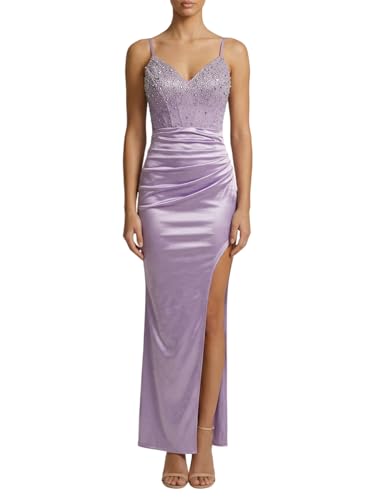 Prettible Women's Beaded Satin Prom Dress Spaghetti Strap Lace Up Formal Evening Dress with Slit Purple