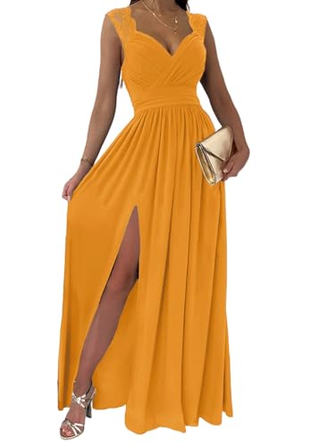 Dokotoo Womens Ladies Elegant Floor Length A Line Wrap Deep V Neck Backless Ruched Pleated Ruffled Split Long Maxi Formal Evening Party Prom Dress Bridesmaid Wedding Guest Dresses for Women Yellow S