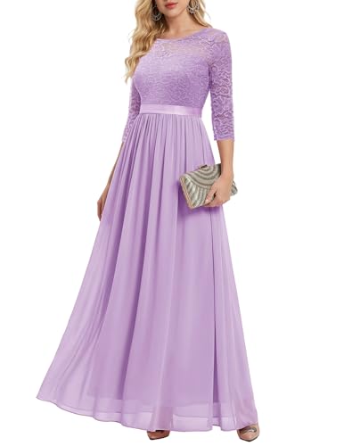 BeryLove Women Long Sleeve Formal Party Dress Lace Wedding Guest Maxi Dresses Elegant Cocktail Evening Gowns 7049 Lavender S