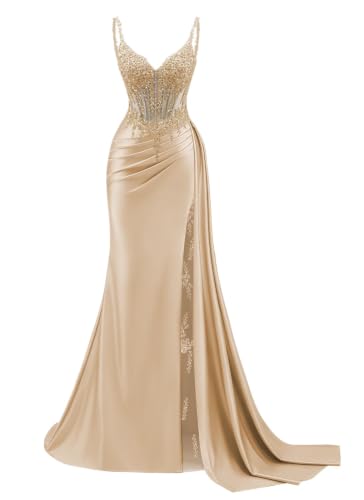 Satin Beaded Champagne Prom Dress Mermaid Formal Gown with Lace Slit US4