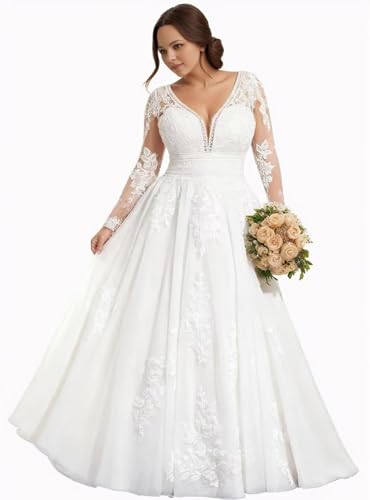 Women's Plus Size Wedding Dress Elegant Lace Applique A Line Beach Boho Bride Gown with Train V Neck Long Sleeve White Plus Bridal Dresses