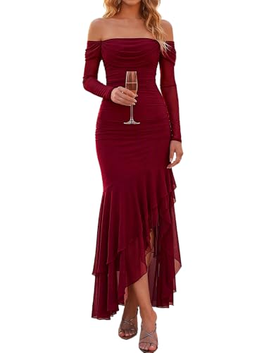 Felyra Women Fall Off Shoulder Long Sleeve Formal Wedding Guest Maxi Dress