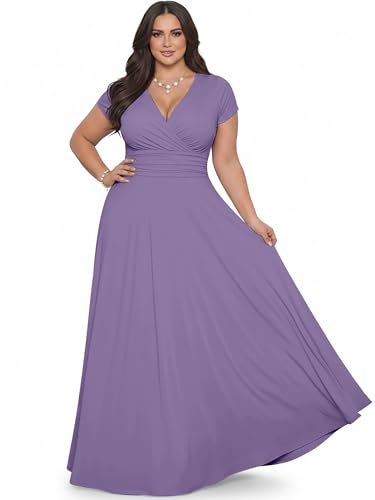 KOH KOH Plus Size Women’s Long Cap Short Sleeve Flowy Cocktail Semi Formal Prom Gala Black Tie Bridesmaid Wedding Guest Work Dressy Tall Gown Gowns Maxi Dress Dresses, Lilac Light Purple 4XL 26-28