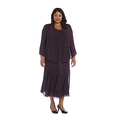 R&M Richards Women's Plus Size Beaded Midi Chiffon Jacket Dress - 2-Piece Special Occasion Cocktail Party Mother of The Bride