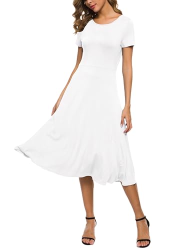 EXCHIC Women's Short Sleeve Round Neck Waisted Slim Summer Midi Dress (M, White)