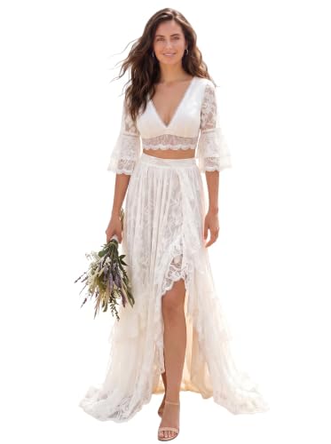 Gdluckalways Boho Floral Lace Wedding Dress for Bride Ivory 14