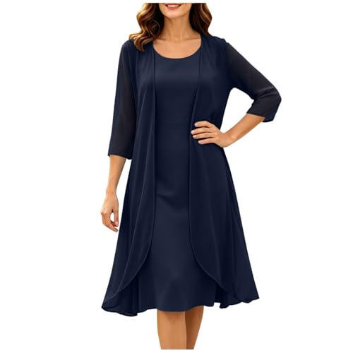 Women Formal Dress 2 Piece Outfit Chiffon Cardigan Party Dress Set | Sleeveless Dress with Chiffon Cardigan, 3/4 Sleeve, 2 Piece Set, Midi. For Wedding Guest, Formal Party, Church, Cocktail