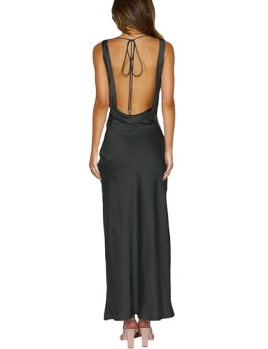 KOUNAI Satin Backless Formal Maxi Dresses for Women Wedding Guest Black