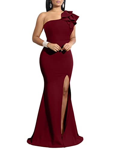 YMDUCH Women's Sleeveless One Shoulder Slit Long Formal Dress WineRed