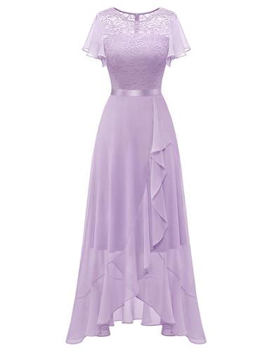 BeryLove Formal Dresses for Women Wedding Guest Ruffle Short Sleeve Elegant Cocktail Bridesmaid Party Prom Homecoming Dress High Waist Lace Long Evening Gown 51 Lavender S