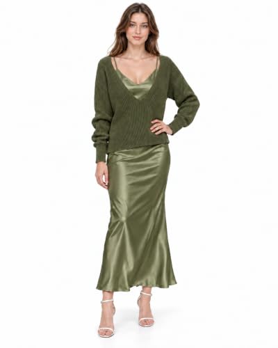 Women's 2 Piece Outfit, V Neck Knit Sweater & Satin Dress for Women