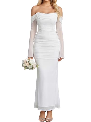 Colysmo Off Shoulder Long Sleeve Corset Formal Wedding Guest Maxi Dress | Stretch Mesh Bodycon Dress, 2 Support Bones, Anti-Slip Strips, Cocktail Party, Elegant Prom, Evening Gown