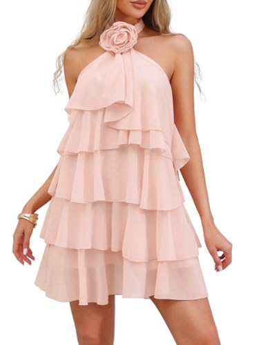 Kaei&Shi Womens Halter Mini Dress, Tiered Chiffon Babydoll Pink S