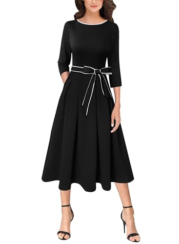 VFSHOW Womens Work Business Casual Church Pockets Belted A-Line Midi Dress