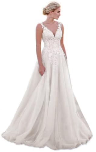 Aline Tulle V Neck Wedding Dresses for Bride Lace Appliqued Long Spaghetti Straps Beach Bridal Dress with Train Ivory