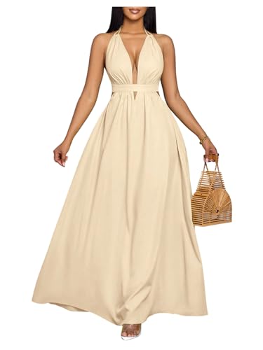 Floerns Women's Elegant Deep V Neck Halter Dress Sleeveless Backless Flowy Maxi Dresses Apricot Small