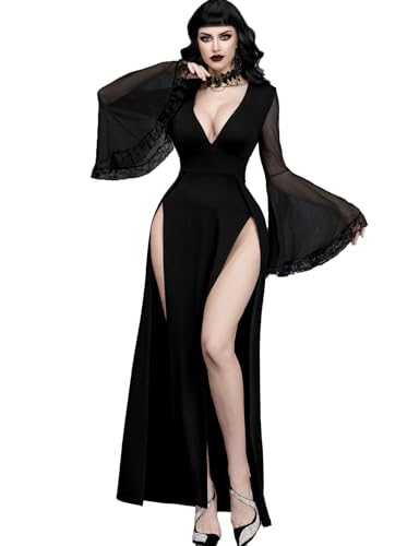 InGoticos Women Gothic V Neck High Slit Witch Sleeve Lace Patchwork Ghost Bridal Goth Dress Without Corset Black