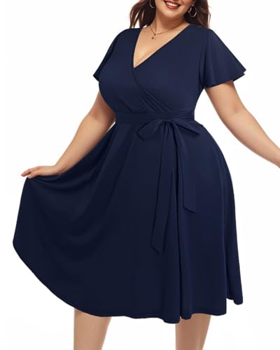 Pinup Fashion Plus Size Navy Dresses for Women Semi-Formal Wedding Guest Wrap Casual Short Flutter Sleeve V Neck Party Summer Dress