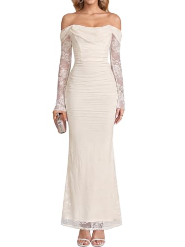 KUTUMAI Women Off Shoulder Long Sleeve Corset Formal Wedding Guest Dress