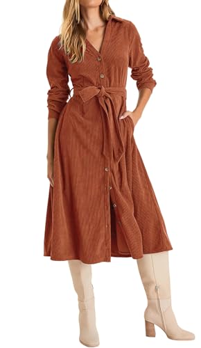 R.Vivimos Womens Fall Winter Corduroy Button Down Midi Dress, Rust Brown, M