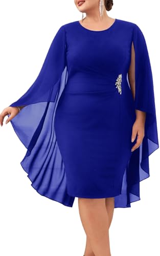 Hanna Nikole Elegant Cocktail Dress for Women Plus Size Ruffle Cape Sleeve Slim Cocktail Pencil Dress Royal Blue US 22W