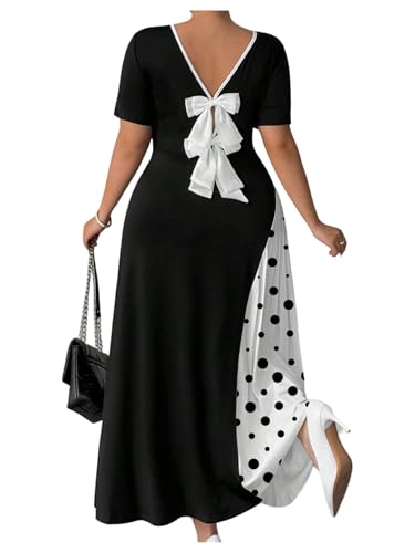 GORGLITTER Women's Plus Size Formal Dress Bow Cocktail Party Maxi Dresses | Black and White Plus Size Dress, Dresses for Curvy Women, Summer Wedding Guest, Black and White Dots, XX-Large Plus