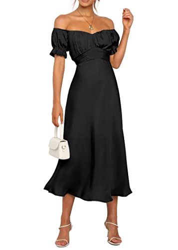 KIRUNDO Women's Satin Summer Wedding Guest Cocktail Dress(Black, L)