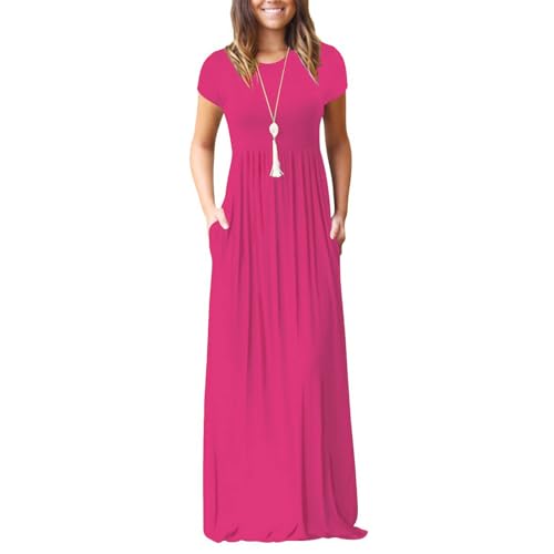 AUOMITH Women's Summer Maxi Dress Short Sleeve Empire Waist with Pockets (Hot Pink, Large)