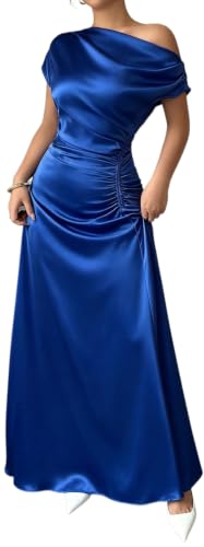 Formal Blue Satin Off Shoulder Ruched Waist Maxi Sexy Evening Dress XXL