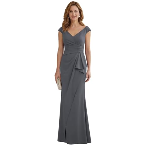 CuteMe V Neck Mother of the Bride Dresses for Weddings with Ruffles Long Ruched Side Slit Gray Formal Evening Mother Groom Dress with Pockets 6