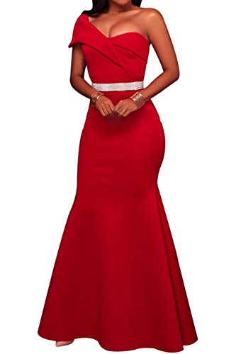 SEBOWEL Women's Elegant Ruffles One Sleeved Mermaid Evening Prom Maxi Club Dress Red S