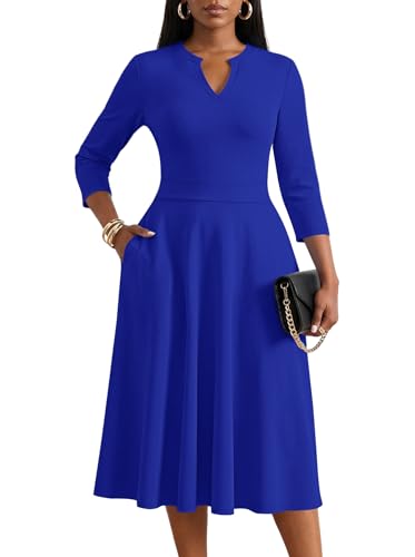 KARALIN Women Midi Dress 3/4 Sleeve Semi Formal Church with Pockets RL Blue