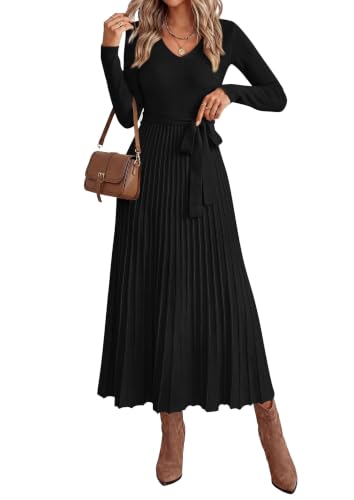 PRETTYGARDEN Womens Fall Maxi Long Sleeve Sweater Dress,Black,M | Soft Stretchy Knit, V Neck A Line Dresses with Bow, Flowy Pleated Hem, Cocktail Party Outfits, Trendy Winter Clothes