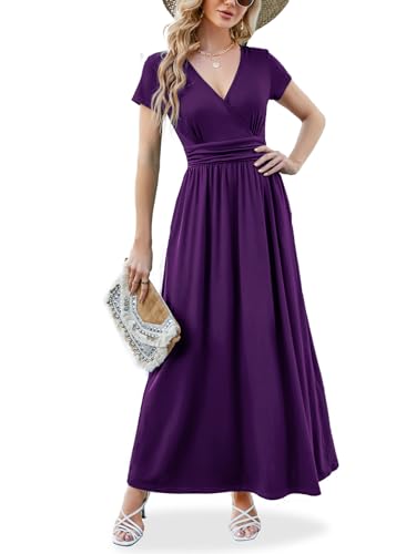 ANRILITA Maxi Dress for Women Wrap V Neck Short Sleeve Empire Pleated Waist Summer Casual Elegant Long Dresses with Pockets Purple