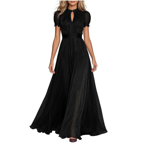 Women's Lace Evening Dress Puff Short Sleeve High Neck Maxi Gown Black