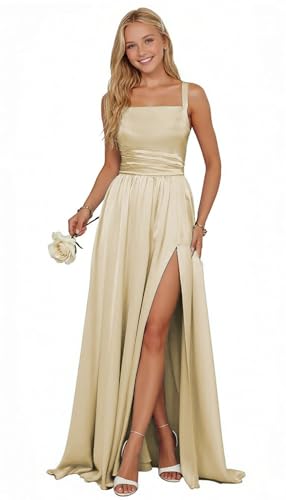 TTYBridal Satin Flower Girl Dresses for Wedding Long Pageant Dresses for Girls A line Formal Party Gowns with Slit Champagne Satin 16