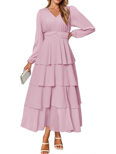 BerryGo Women's Chiffon Maxi Dresses A Line Long Sleeve High Waisted Tiered Swing Holiday Vacation Semi Formal Dress(Pink,Large)