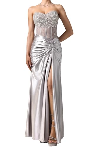 BELLA BARNETT Sleeveless Strapless Low Cut Slit Sexy Prom Dress See Through Satin Silver Sequin Ruched Evening Dress