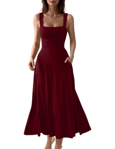 OYS Women's Casual Sleeveless Square Neck A-Line Flowy Long Dress Burgundy