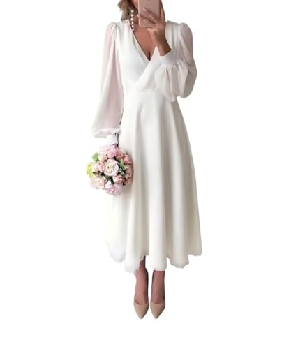 Womens Tea Length Long Sleeve Wedding Dresses for Bride Chiffon A Line Formal Bridal Gowns Midi Courthouse Wedding Dress for Bride Ivory US14