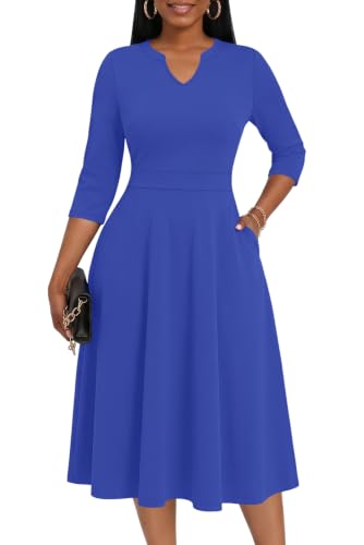 KARALIN Women A-Line Midi Church V Neck Dress and Pockets Royal Blue